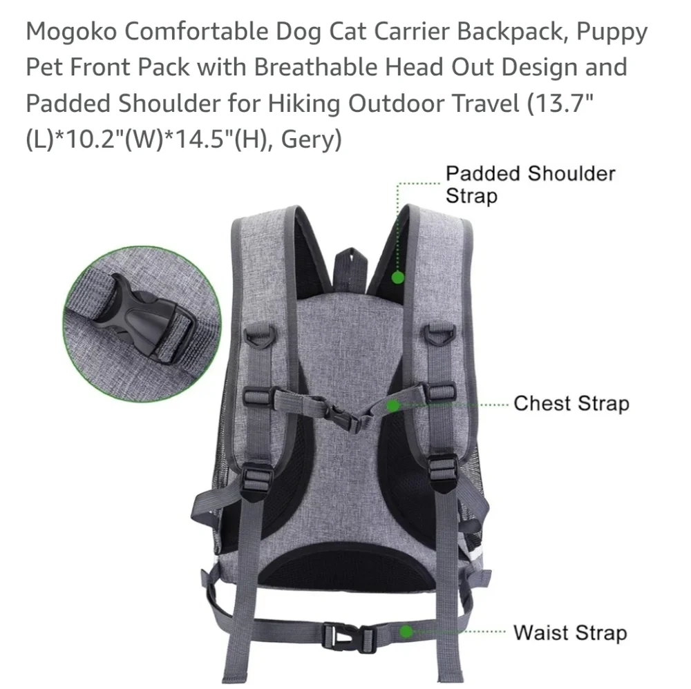 Comfortable Dog Cat Carrier Backpack, Puppy Pet Front Pack with head whole